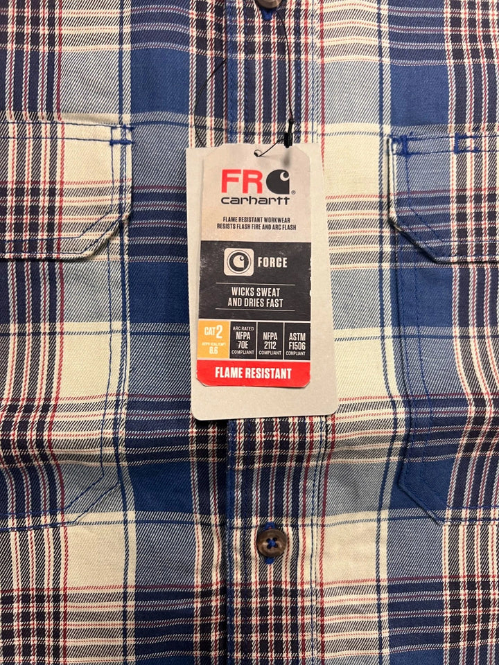 Carhartt FR Men’s Blue &amp; White Plaid Shirt Rugged Flex Workwear L/S CAT 2 (S373)