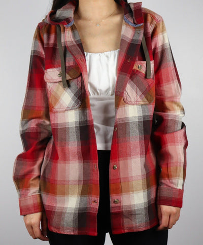 Carhartt Women's True Red Dark Brown Cream Plaid Hooded L/S Woven Shirt