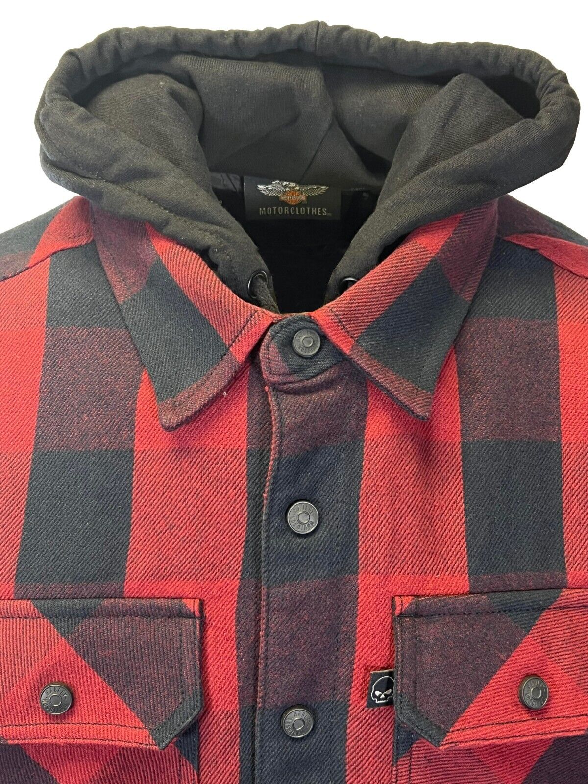 HD Branded Men's Red Plaid Hoodie Skull Buffalo Check Shirt Jacket