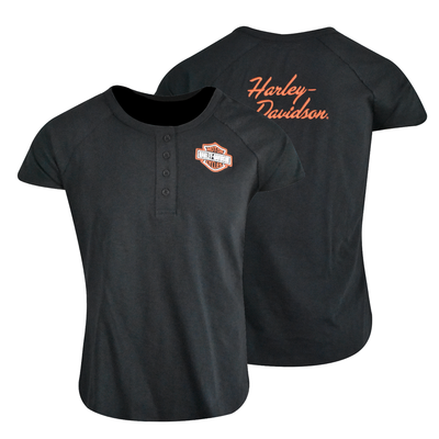 Harley-Davidson Women's T-Shirt Black 4 Button Henley (S24)