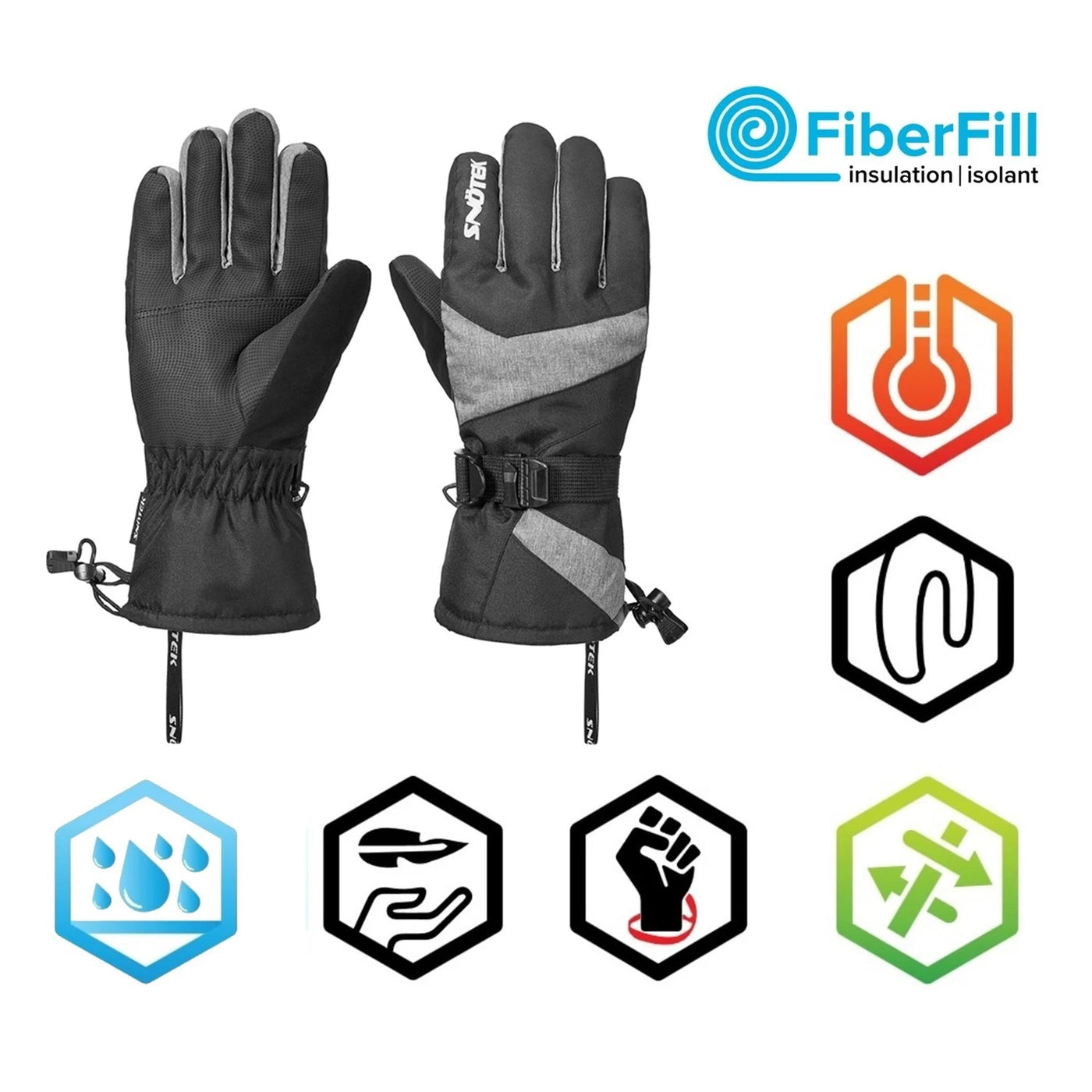 Snotek Men's Black & Grey Performance Ski Gloves White Logo ST217 (S04)