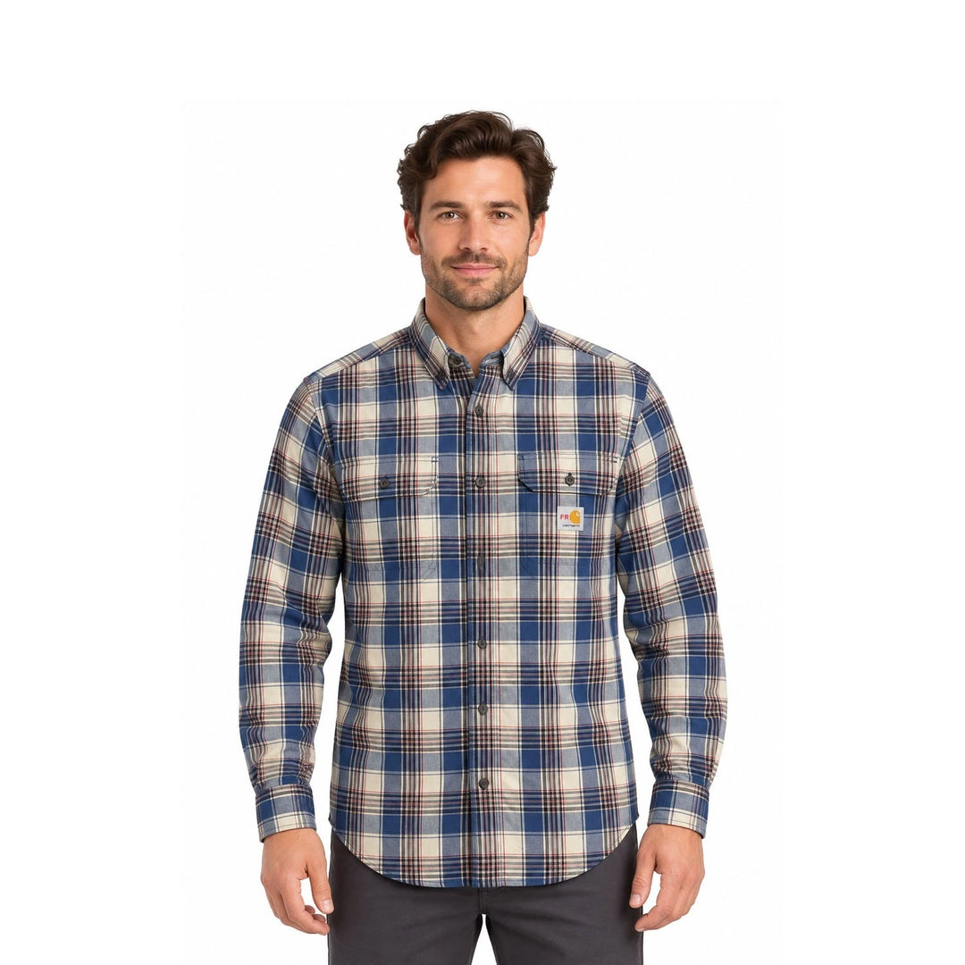 Carhartt FR Men’s Blue &amp; White Plaid Shirt Rugged Flex Workwear L/S CAT 2 (S373)