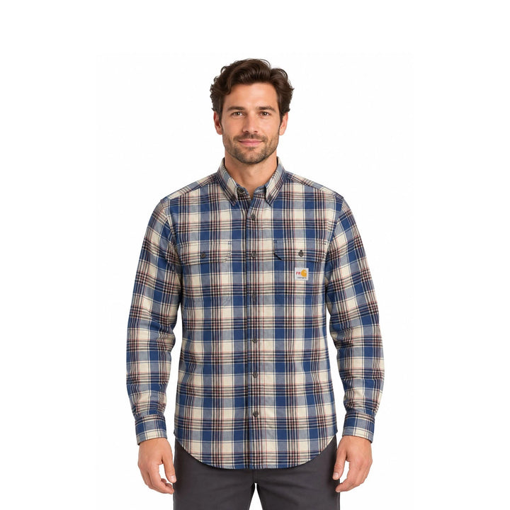 Carhartt FR Men’s Blue &amp; White Plaid Shirt Rugged Flex Workwear L/S CAT 2 (S373)