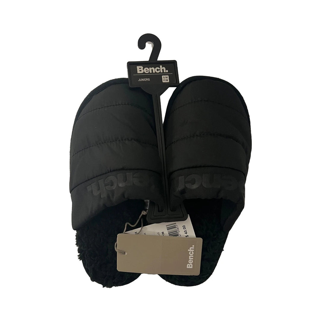 Bench Juniors Kid's Black Puffer Slippers Sherpa Quilted Slide FiberFill (S03)