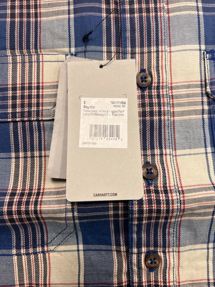Carhartt FR Men’s Blue &amp; White Plaid Shirt Rugged Flex Workwear L/S CAT 2 (S373)