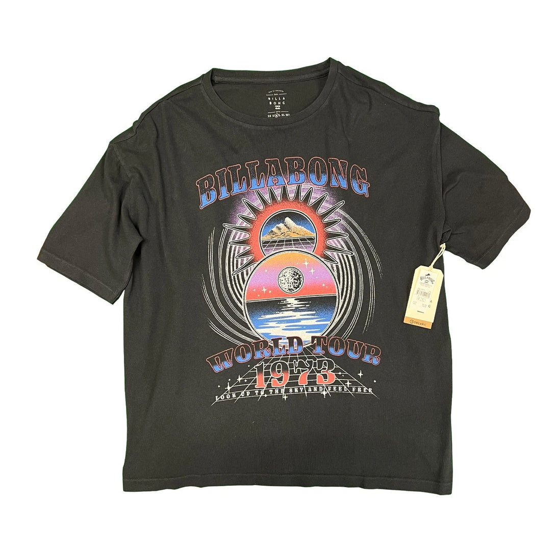 Billabong Women's Black T-Shirt World Tour 1973 Graphic Print Tee S/S (S01)