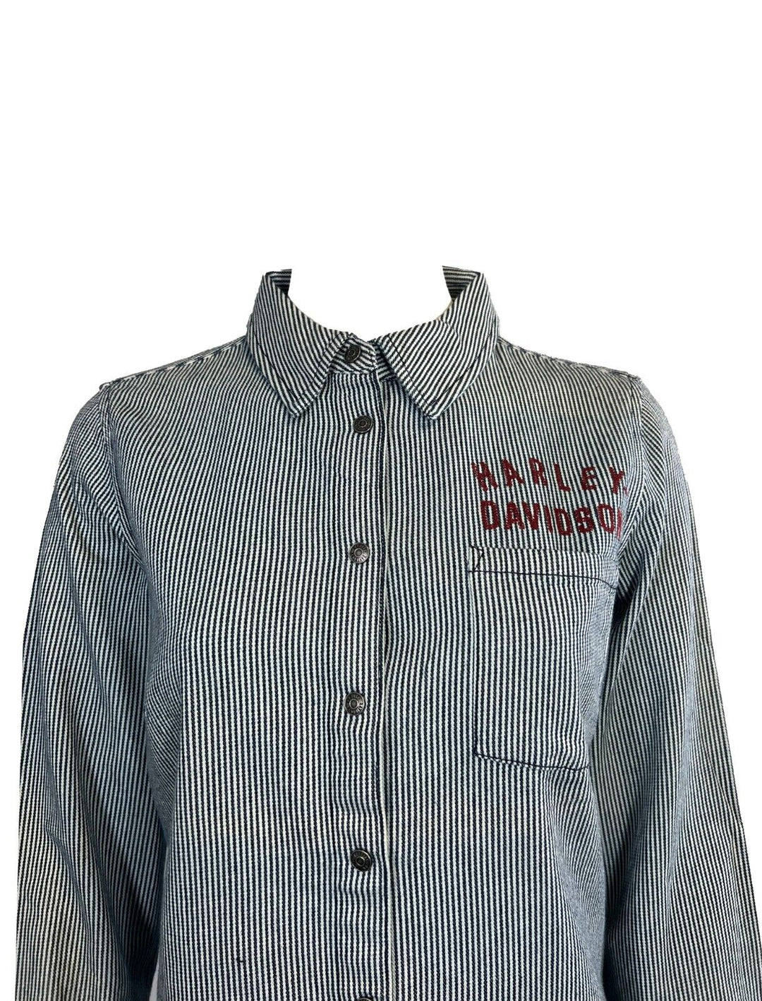 HD Branded Women's Blue Shirt Railroad Stripe Logo Long Sleeve (S26)