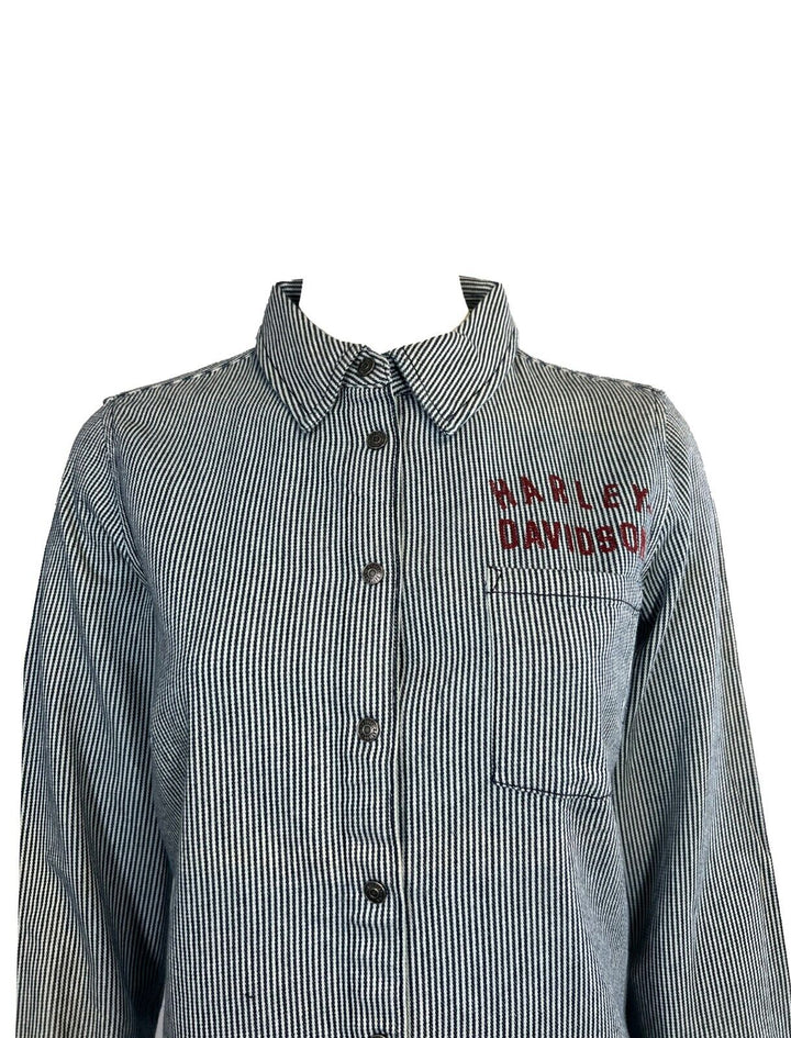 HD Branded Women's Blue Shirt Railroad Stripe Logo Long Sleeve (S26)