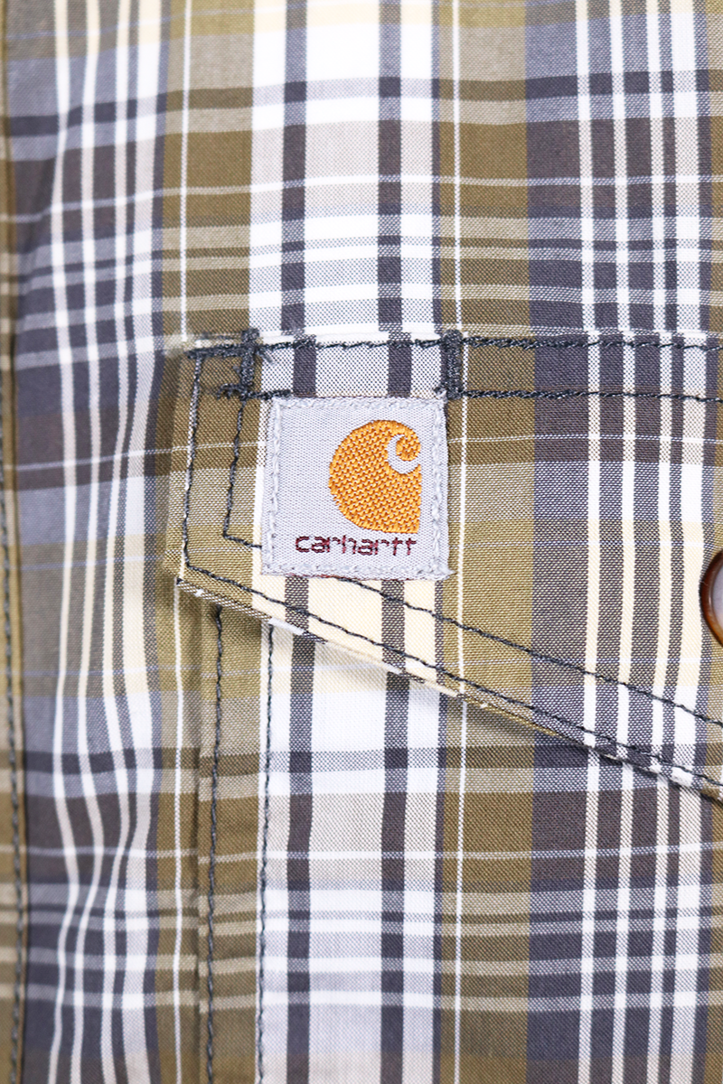 Carhartt Men's Force Olive Green White Plaid Lightweight S/S Woven Shirt (S05)