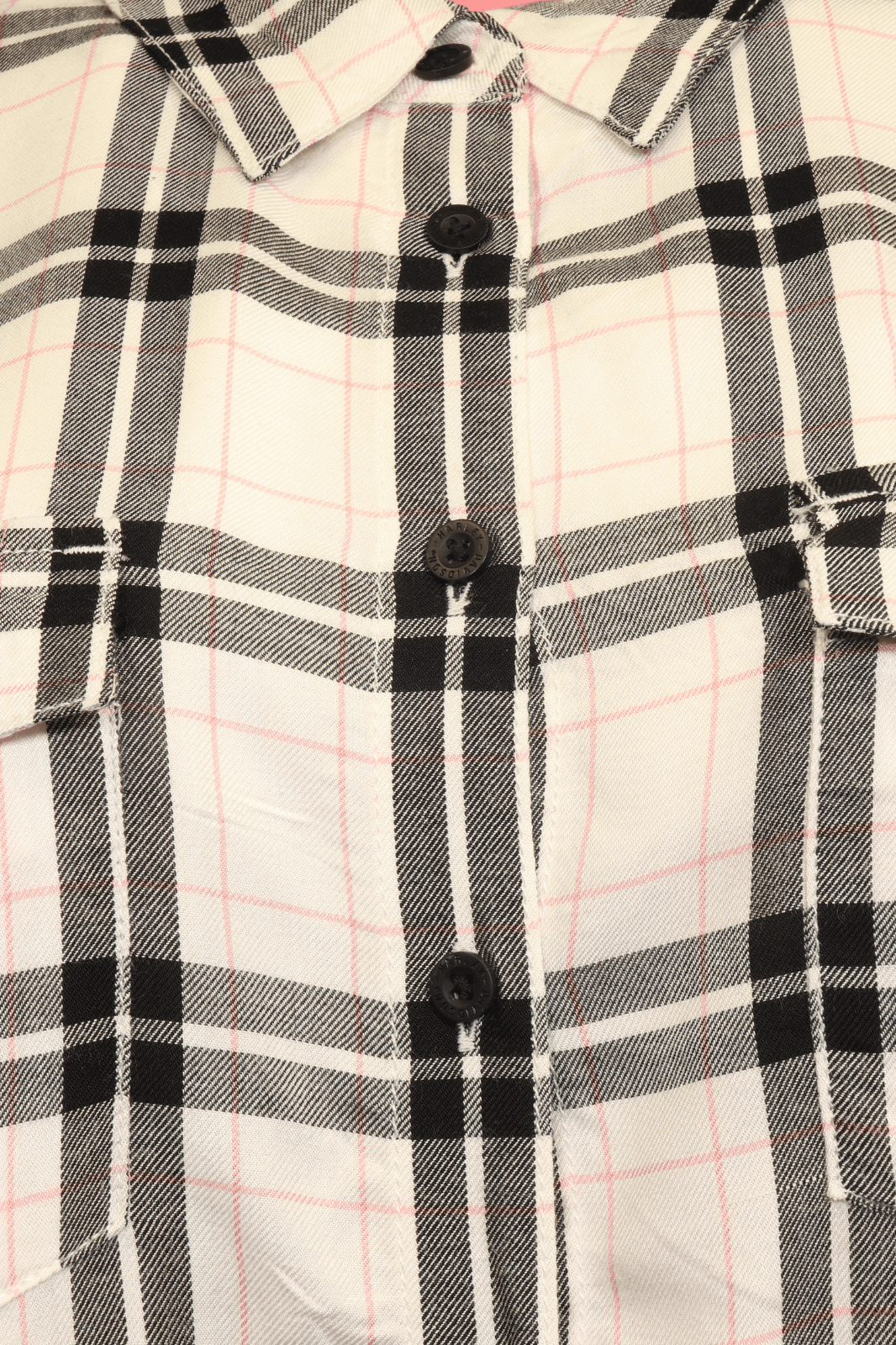 HD Branded Women's Shirt Black White Pink Plaid Text L/S Woven (S21)