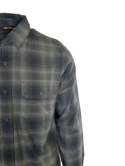 Branded Men's Shirt Black & Grey Plaid Woven Patched Logo L/S (S86)