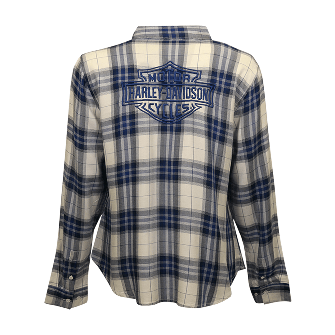 HD Branded Women's Shirt Blue White Plaid Embroidered Text L/S Woven (S22)