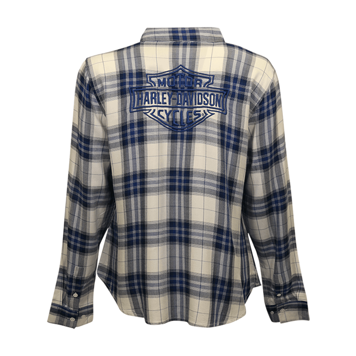 HD Branded Women's Shirt Blue White Plaid Embroidered Text L/S Woven (S22)