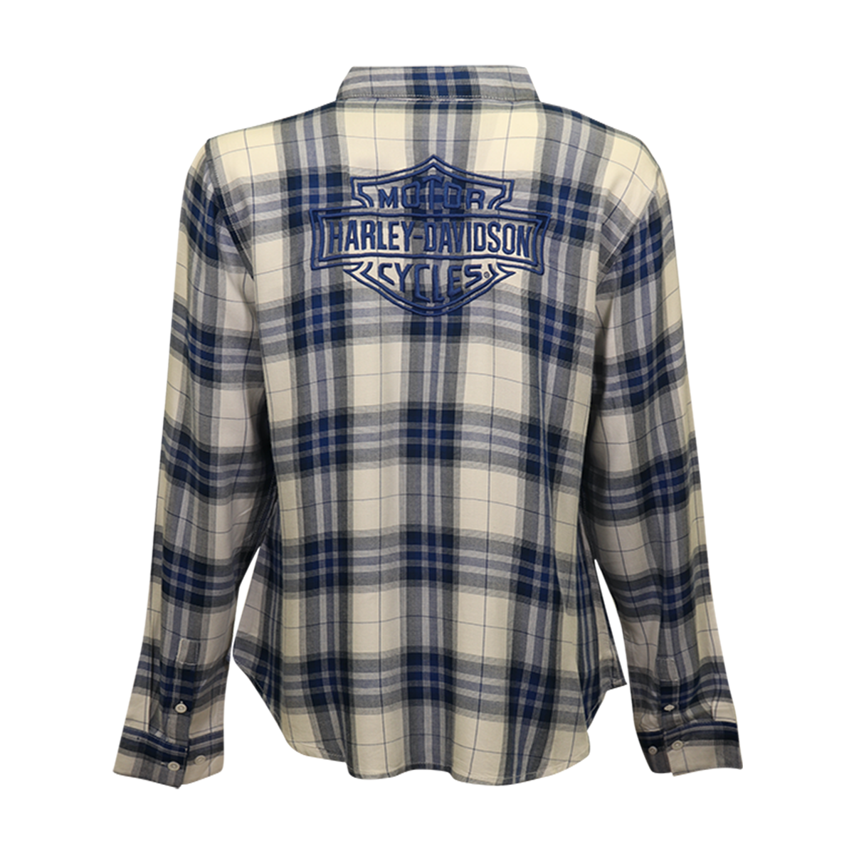 Harley-Davidson Women's Shirt Blue White Plaid Embroidered Text L/S Woven (S22)
