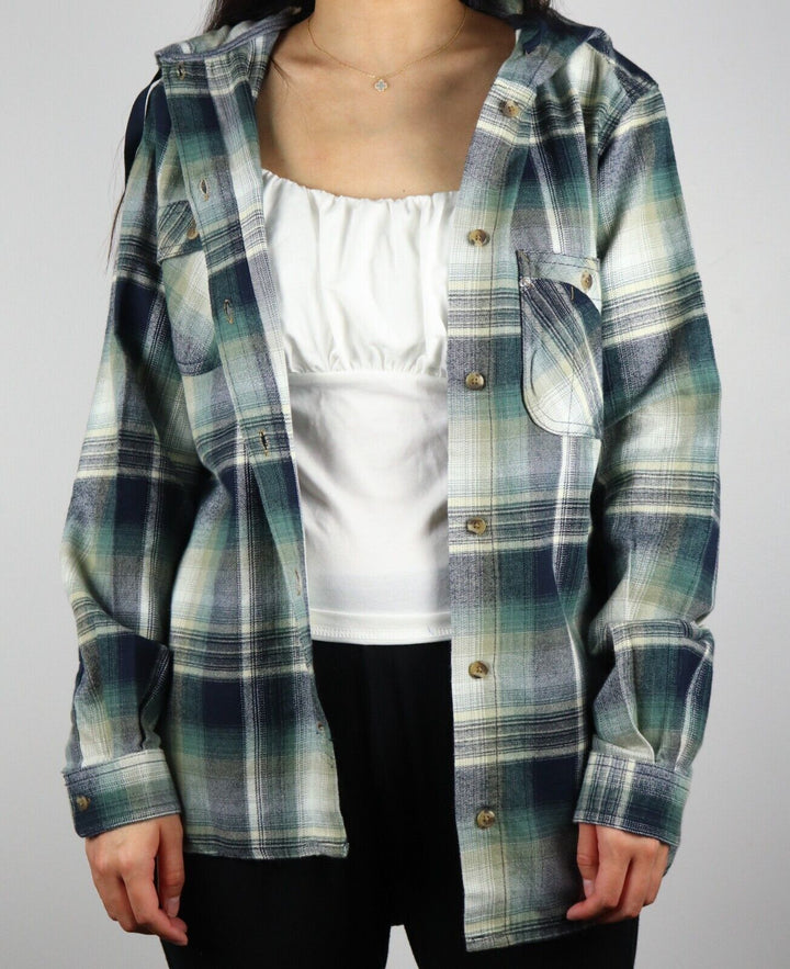 Carhartt Women's Forrest Green Navy Cream Plaid Hooded L/S Woven Shirt