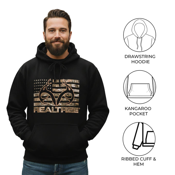 Realtree Men's Hoodie Camo American Flag Antler Logo - Black
