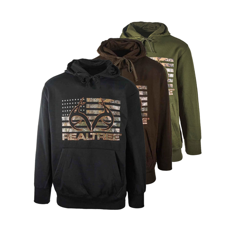 Realtree Men's Hoodie Camo American Flag Antler Logo - Brown, Black, Green