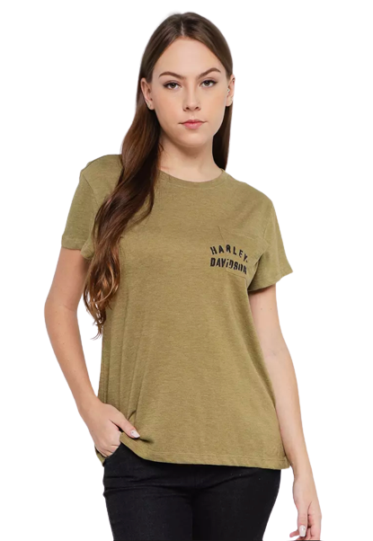 Harley-Davidson Women's T-Shirt Olive Tour of Duty Pocket Relaxed Fit Tee (S21)