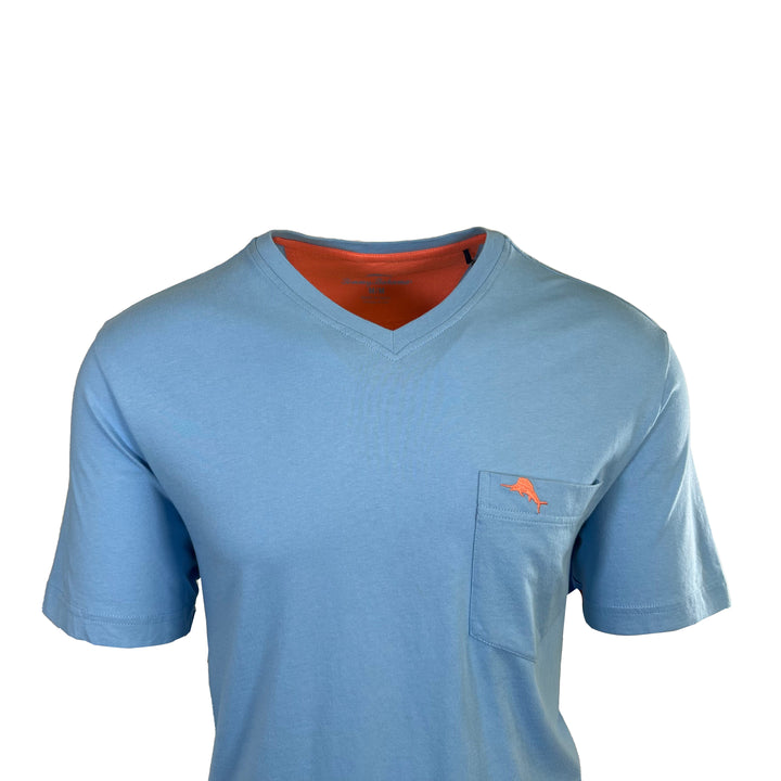 Tommy Bahama Men's Breaker Blue T-Shirt V-Neck Bali Skyline Orange Logo (S52)