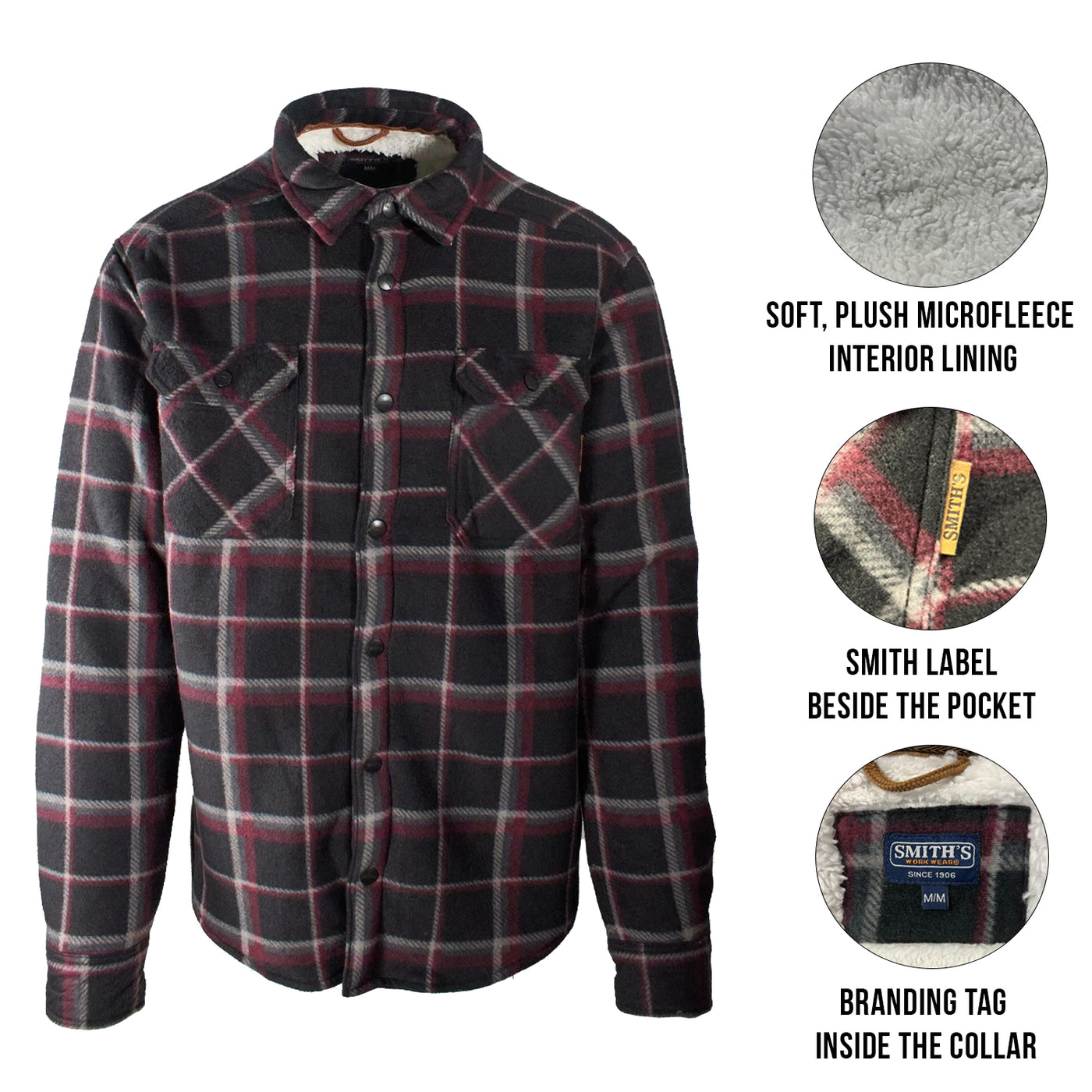 Smith Workwear Burgundy Jacket Sherpa-Lined Microfleece Shirt (S01)