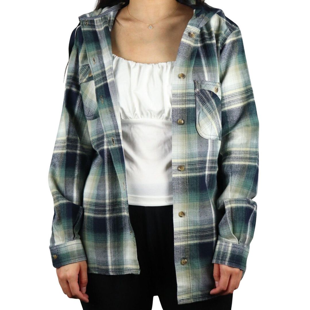 Carhartt Women's Forrest Green Navy Cream Plaid Hooded L/S Woven Shirt