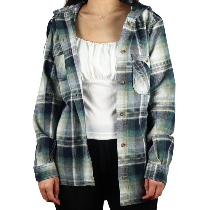 Carhartt Women's Forrest Green Navy Cream Plaid Hooded L/S Woven Shirt