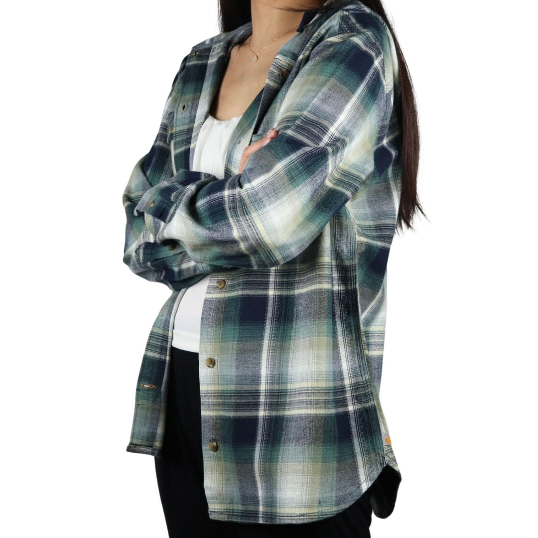 Carhartt Women's Forrest Green Navy Cream Plaid Hooded L/S Woven Shirt