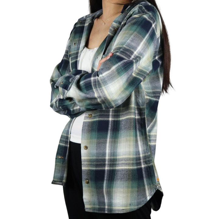 Carhartt Women's Forrest Green Navy Cream Plaid Hooded L/S Woven Shirt