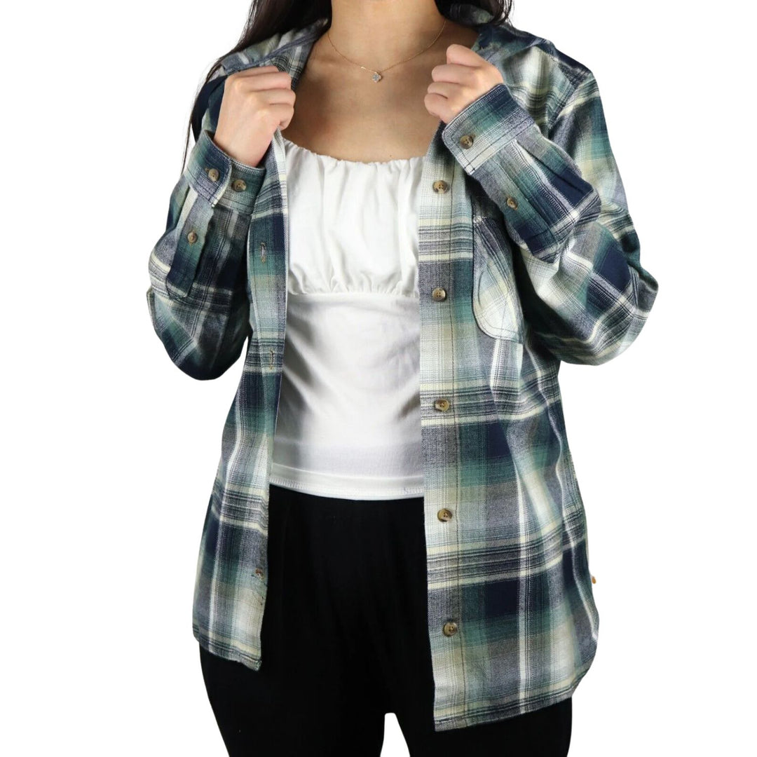 Carhartt Women's Forrest Green Navy Cream Plaid Hooded L/S Woven Shirt