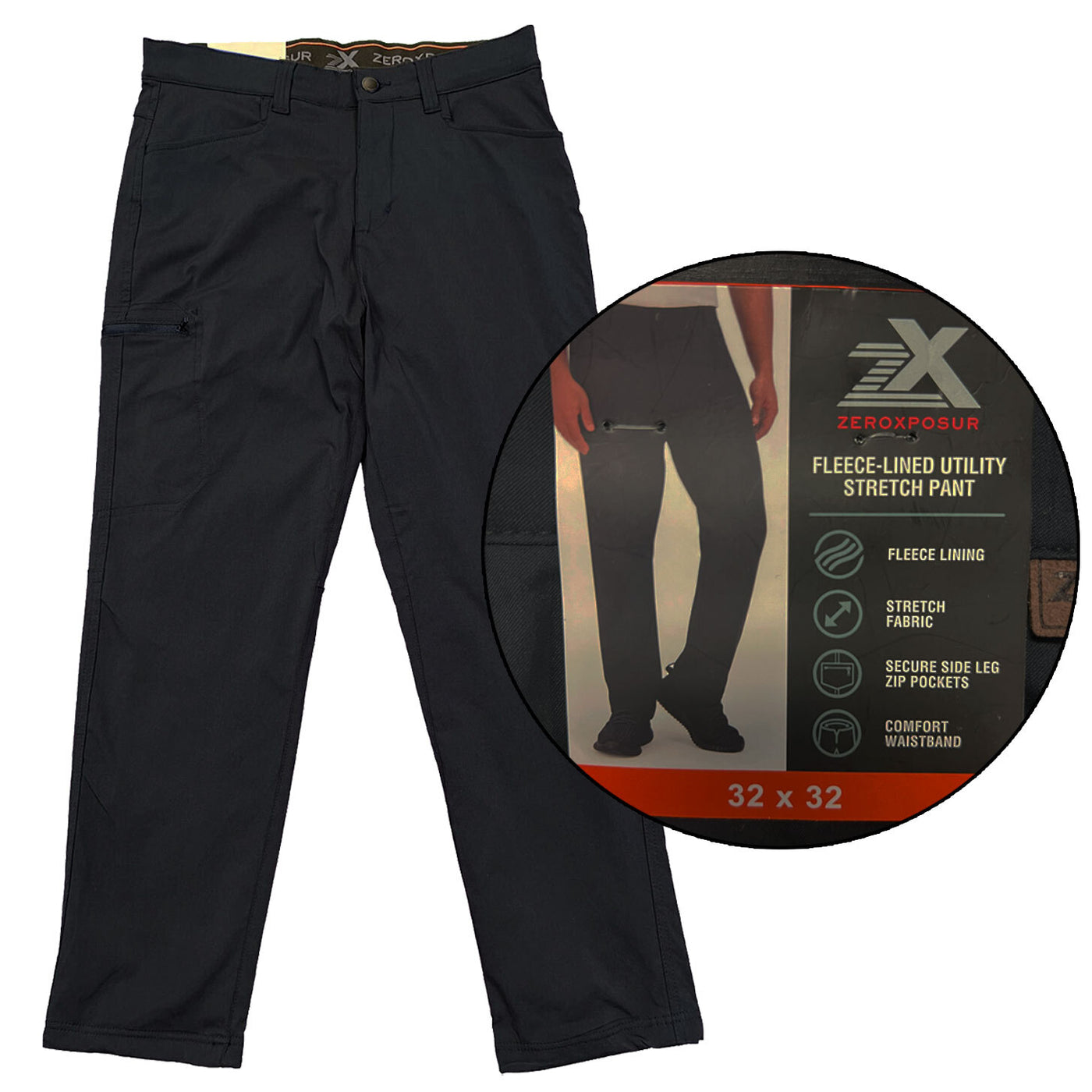 Zeroxposur Men's Black Pant Fleece-Lined Utility Stretch Fabric (S01)