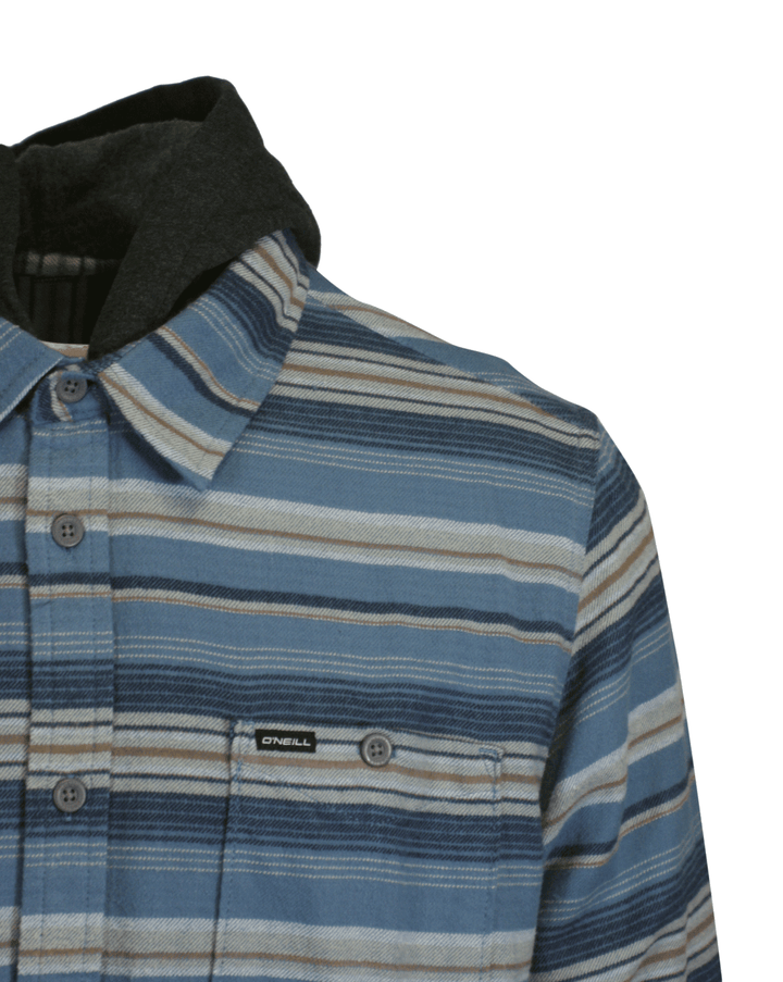 O'Neill Men's Blue Shadow Flannel Shirt Redmond Hooded Horizontal Striped (S18)