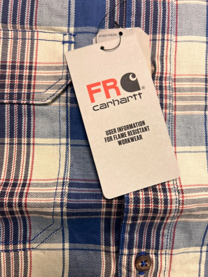 Carhartt FR Men’s Blue &amp; White Plaid Shirt Rugged Flex Workwear L/S CAT 2 (S373)
