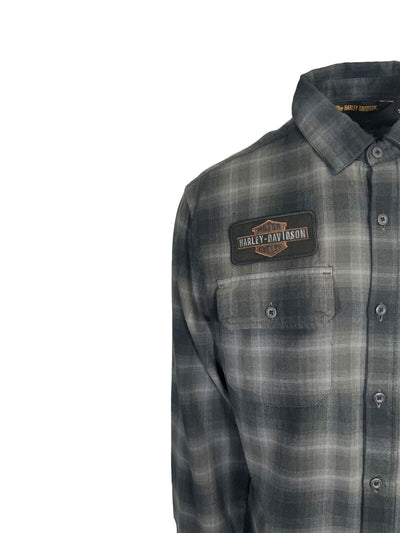 Branded Men's Shirt Black & Grey Plaid Woven Patched Logo L/S (S86)