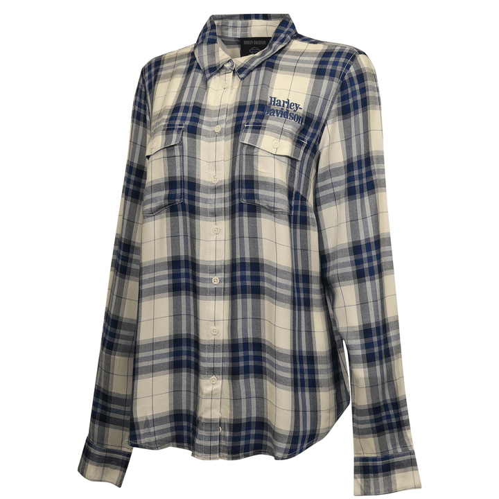 HD Branded Women's Shirt Blue White Plaid Embroidered Text L/S Woven (S22)