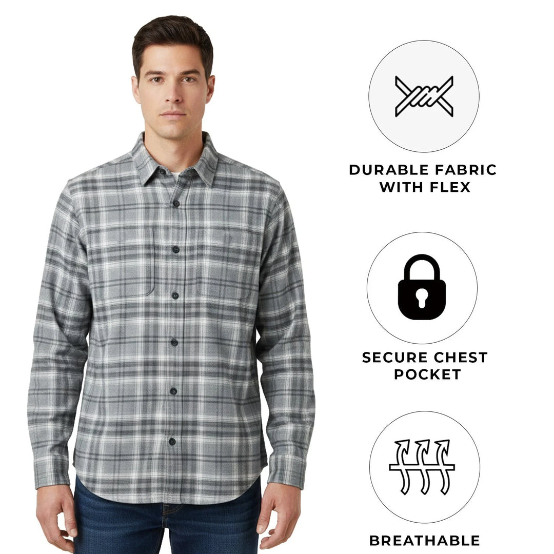 Ridgecut Men's Grey Plaid Shirt Flannel Chest Zip Pocket Long