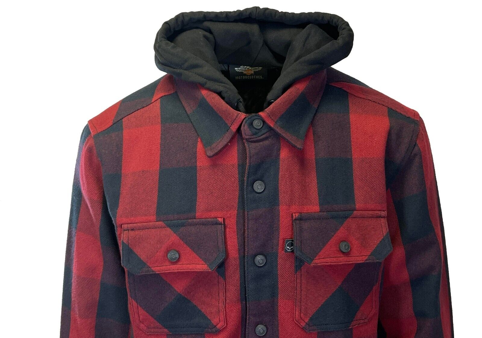 HD Branded Men's Red Plaid Hoodie Skull Buffalo Check Shirt Jacket