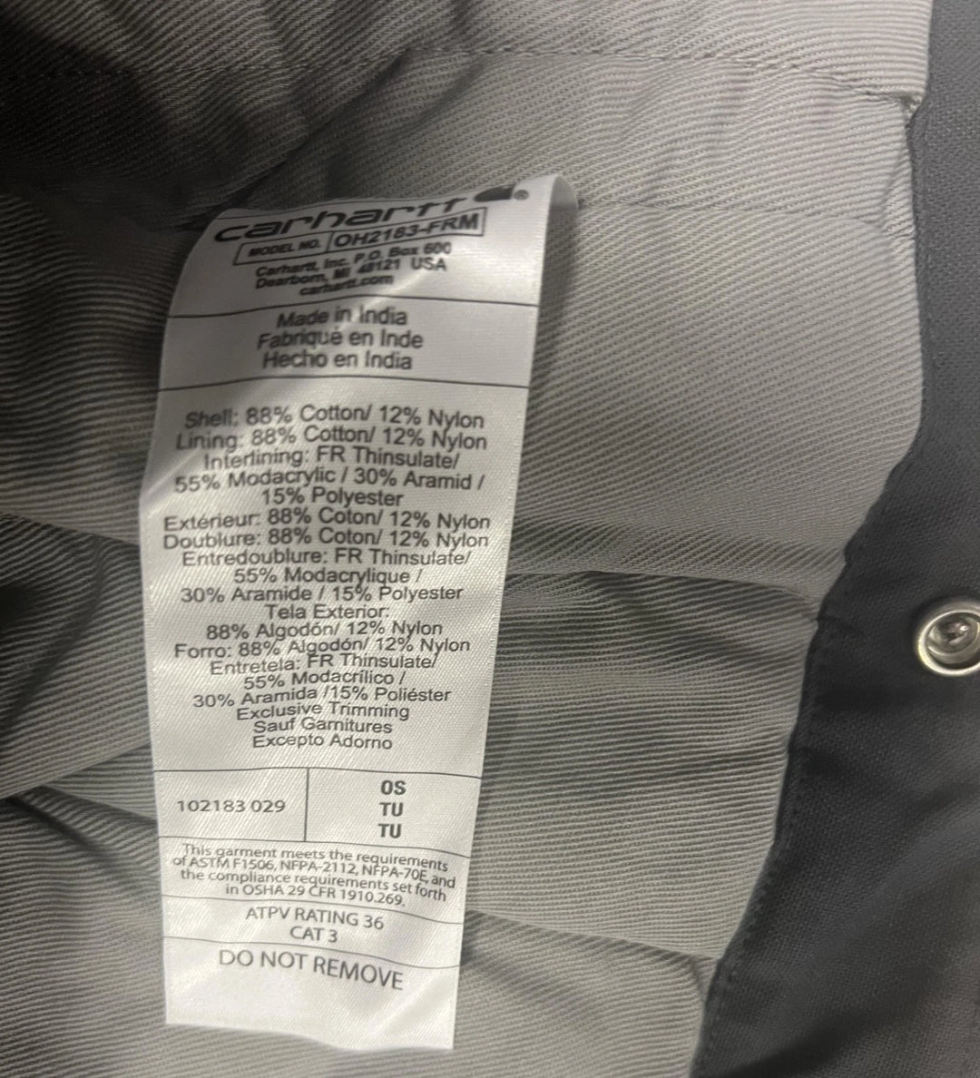 Carhartt FR Grey Hood Insulated Quick Duck Thinsulate Flame Resistant CAT3 (S02)