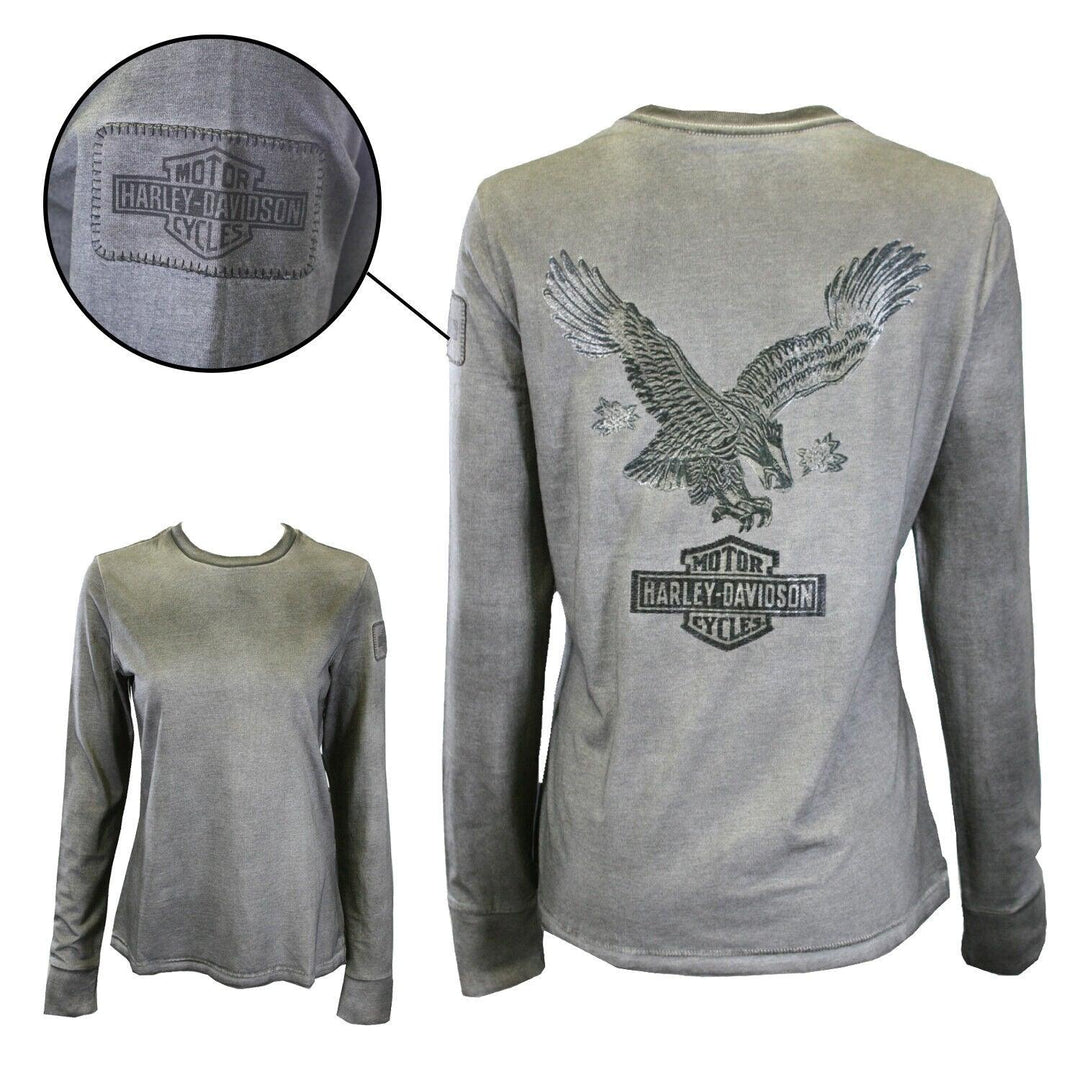 HD Branded Women's T-Shirt Grey Eagle Logo Back Long Sleeve Tee (S43)