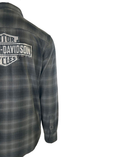 Branded Men's Shirt Black & Grey Plaid Woven Patched Logo L/S (S86)