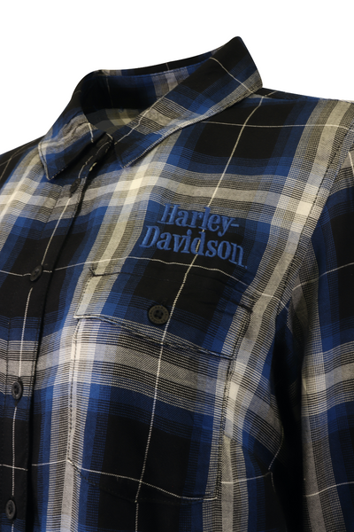 Harley-Davidson Women's Shirt Blue Black Plaid Text L/S Woven (S20)