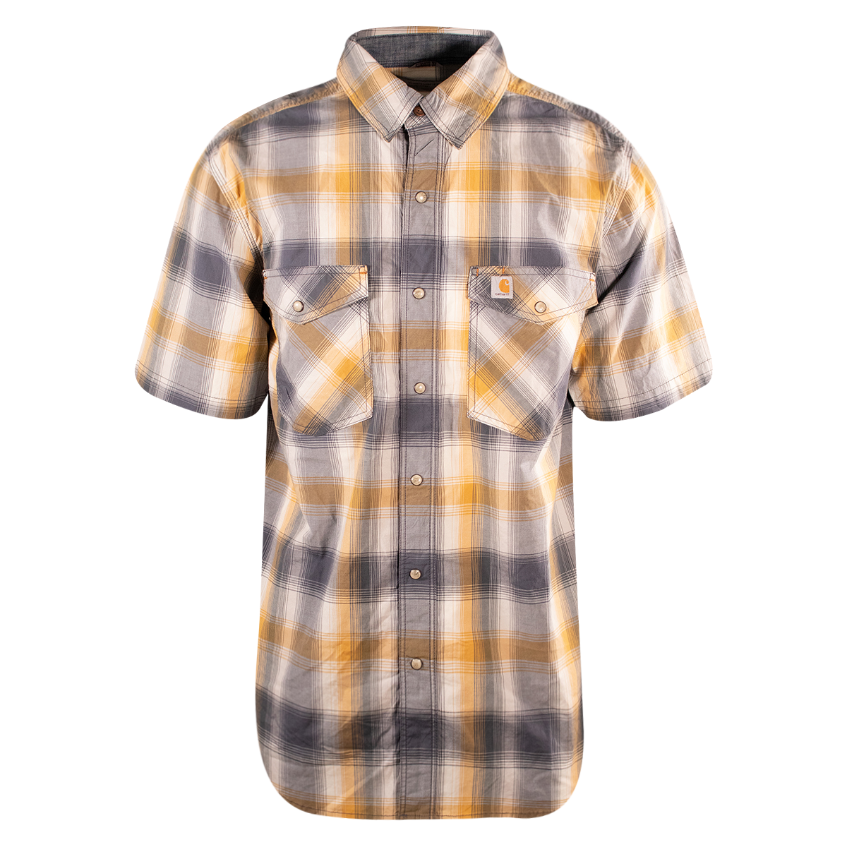 Carhartt Men's Grey Yellow White Plaid Snap-Front S/S Woven Shirt (S11)