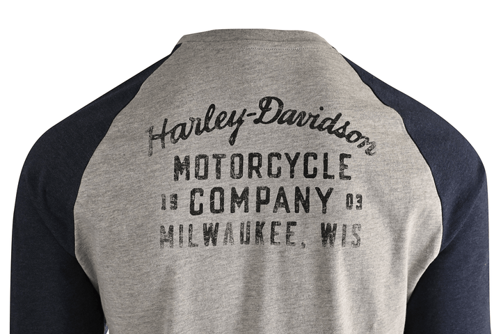 HD Branded Men's T-Shirt Blue Heather Grey Oil Can Bar & Shield Raglan