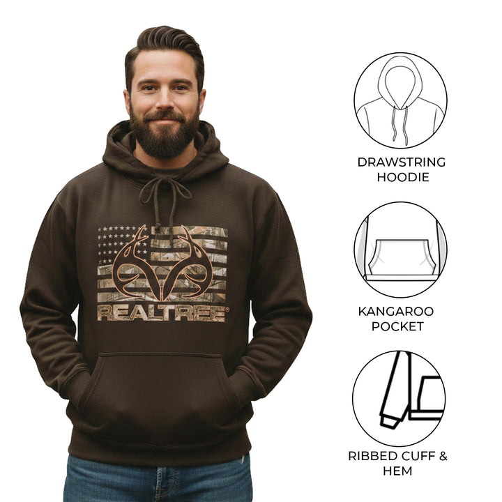 Realtree Men's Hoodie Camo American Flag Antler Logo - Brown