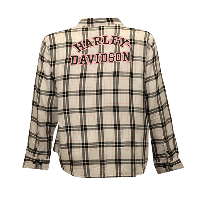 HD Branded Women's Shirt Black White Pink Plaid Text L/S Woven (S21)