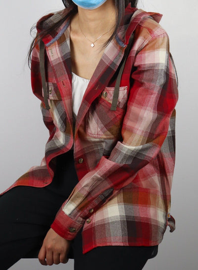 Carhartt Women's True Red Dark Brown Cream Plaid Hooded L/S Woven Shirt