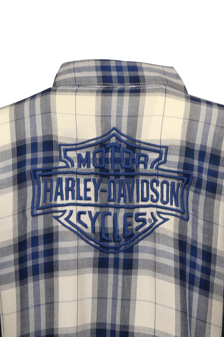 HD Branded Women's Shirt Blue White Plaid Embroidered Text L/S Woven (S22)