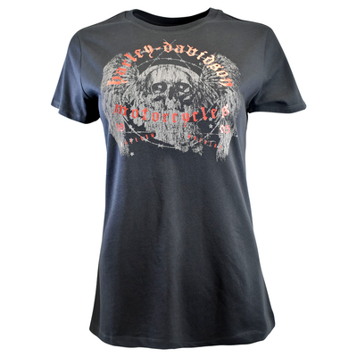 Harley-Davidson Women's T-Shirt Black Cursive Goth Skull (S28)