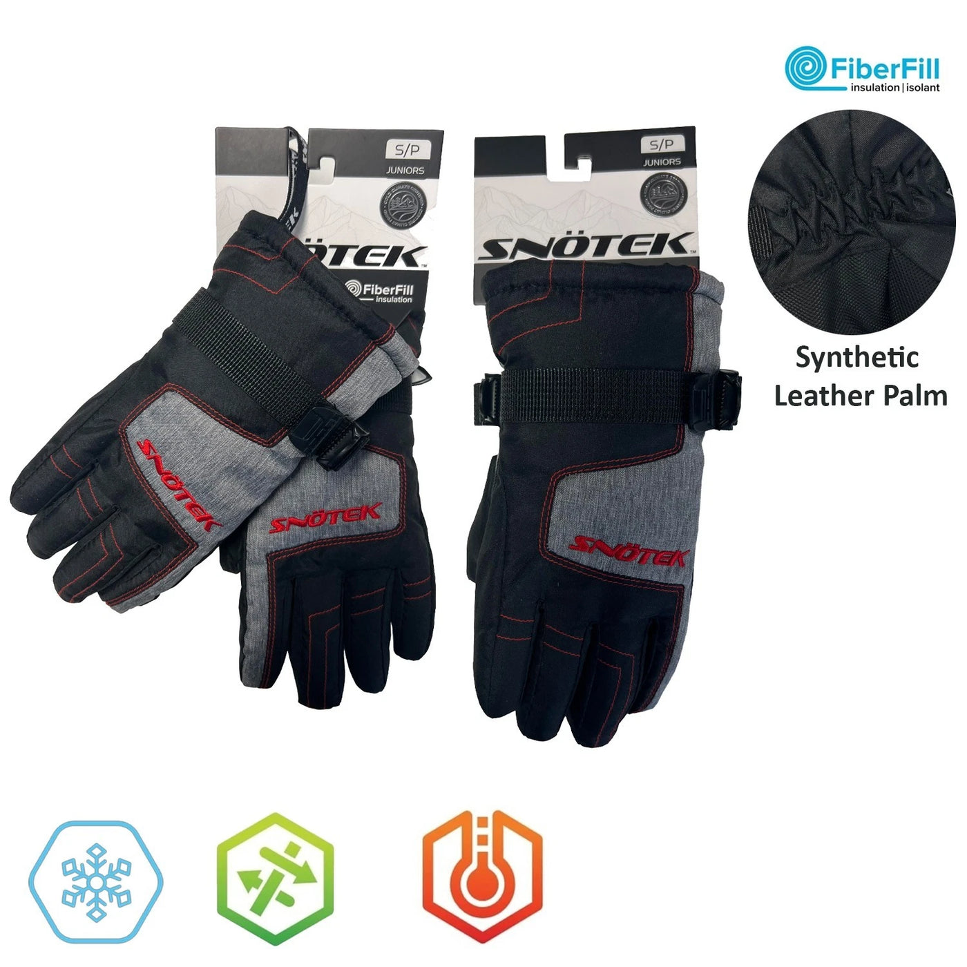 Snotek Junior's Black Grey Stitched Performance Winter Ski Gloves ST318 (S01)