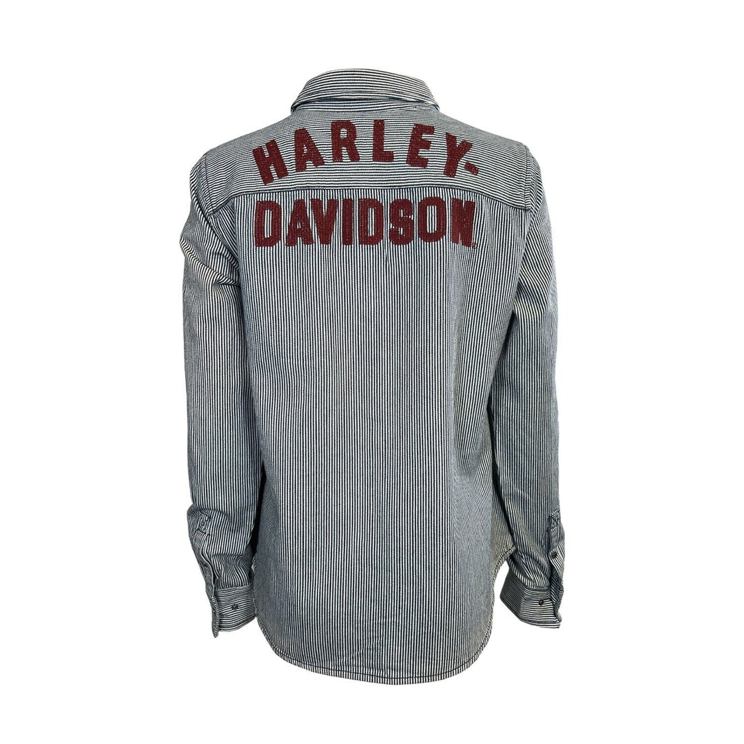 HD Branded Women's Blue Shirt Railroad Stripe Logo Long Sleeve (S26)