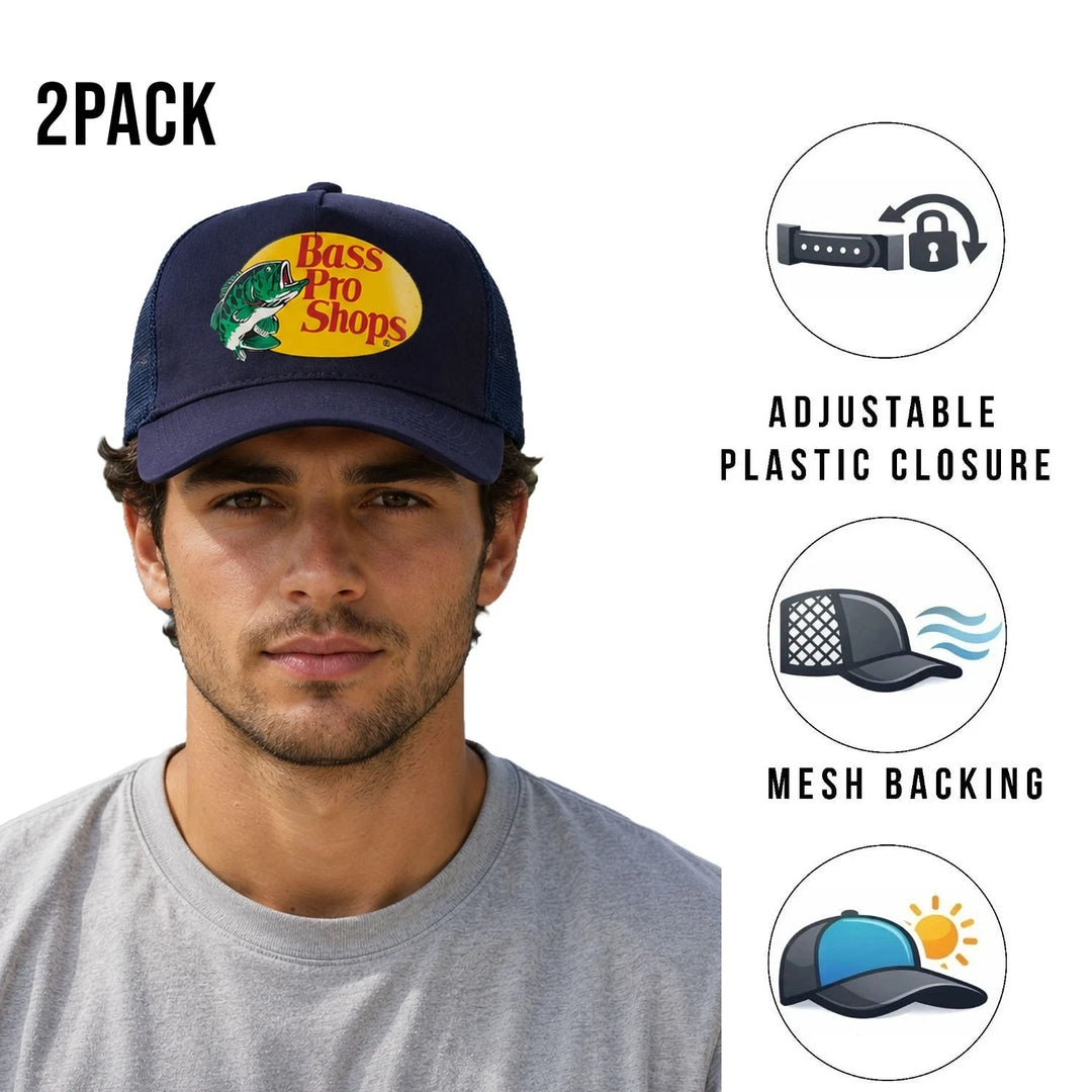 Bass Pro Shops Cap Navy Blue Snapback Outdoor Trucker Hat- 2 Pack (S09)